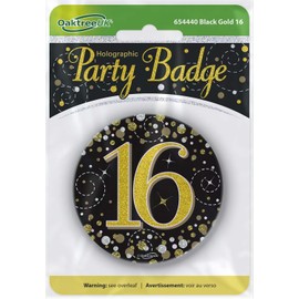 OakTree 3" Badge 16th Birthday Sparkling Fizz Black Gold Holographic