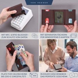 VON HEESEN Slim Wallet with RFID Protection - Card Case for Men and Women - Mini Leather Wallet - Small Wallet - Wallet, dark brown, With XL coin compartment