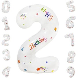 Lumjoy 32-Inch Foil Big Number 2 with Happy Birthday, Large White Digital Balloons 0-9 for Kids Party Birthday and Baby Shower (White, 2)