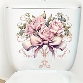 Pink Rose Bow Butterfly Toilet Cover Sticker Decals,Spring Flower Leaf Butterfly Waterproof Toilet Lid Tank Seat Decals Cistern Self-Adhesive Bathroom Wall Sticker