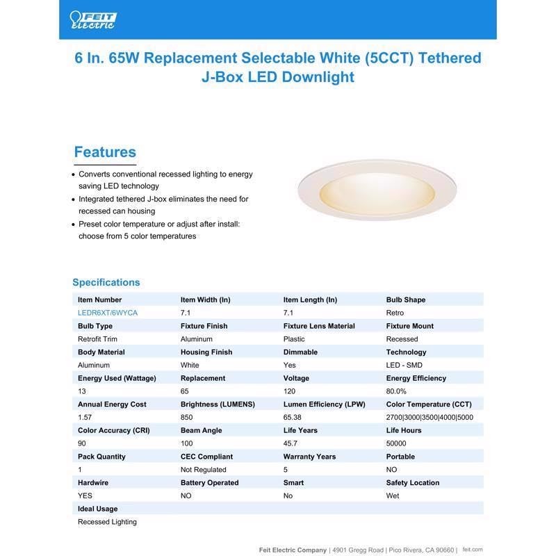 Feit Electric White 6 in. W LED Canless Recessed Downlight