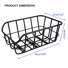 Rear Bike Basket, Black Metal Wire Bicycle Cargo Carrier with Mounting Hardware and Rain Cover