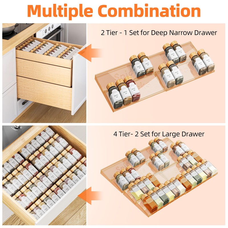 PanPanPal Spice Drawer Organizer, 4 Tier- 4 Pack Amber Acrylic