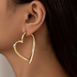 Big Heart Hoop Statement Earrings for Women,14K Gold Large Asymmetrical Love Shaped Drop Dangle Earrings Minimalist Earrings Accessories Gifts (Gold)