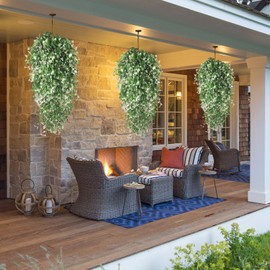 RECUTMS Artificial Hanging Plants with Lights 4Pcs 33 Inch Faux Wall Eucalyptus Leaves Plant UV Resistant Fake Ivy Greenery for Indoor Outdoor Bedroom Garden Home Christmas Party Spring Decor (White)