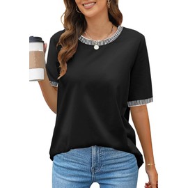 MEROKEETY Women's 2024 Short Sleeve Striped Color Block T Shirts Crewneck Loose Casual Tee Tops, Black, XL