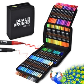 100 Colores Plumones Doble Punta Pencil, POVOLE Marcadores a Base de Agua No Toxico Para Nios y Adultos, Cepillo de Nailon 1-2mm y Punta Fina 0.4mm,  