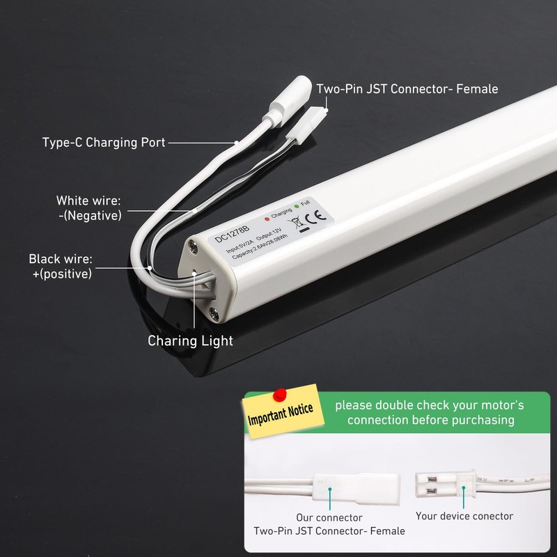 HUIYEETEX DC1278B 12V Rechargeable Battery Pack for Motorized Blinds&Shades, Reloadable