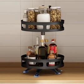 Loputon Kitchen Organiser, Turntable Fridge Spice Rack, Lazy Susan Turntable Organiser for Spices, Bottles, Cosmetics (2 Levels, Black)