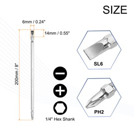 HARFINGTON Magnetic Double Ended Screwdriver Bit 6mm PH2/SL6 8"/200mm 1/4" Hex Shank CR-V Steel Phillips Cross Slotted Flat Screw Driver Bit for Power Screwdriver Impact Drill Tool