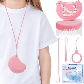 RAZOKO Silicone Retainer Case with 3 Lanyard Cute Aligner Case Vent Holes Night Mouth Guard Retainer Holder for Girl Women Kids Men for Travel Pink