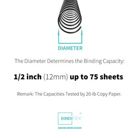 Binditek 30 Pack Metal Spiral Binding Coils, 12mm (1/2") Binding Spirals, 75 Sheet Capacity, 4:1 Pitch, Black Binding Spines, 48Loops for Letter Size, for Students and Coworkers