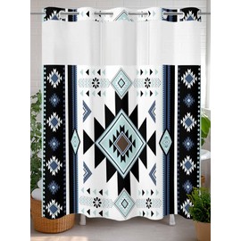 Teamery No Hook Waterproof Shower Curtain, Blue Curtain Liner Set, Western Southwest Native American Indian See-Through Top & Double Layers Fabric Shower Curtains for Bathroom Decor, 72x72 Inch