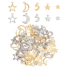 CRAFTYMELODY 100Pcs 10 Styles Star Moon Pendant 304 Stainless Steel Pendants Metal Crescent Moon Dangle Charm for Necklace Bracelet Earring Jewelry Making Findings DIY Craft Accessories