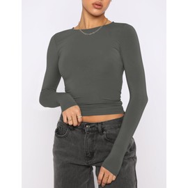 ZHENWEI Long Sleeve Workout Shirts for Women Pack Cute Fitted Basics Tees Cropped Gym Yoga Tshirts Black&Grey M