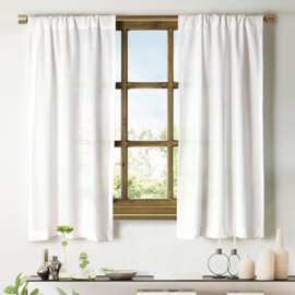 Oindec aux Linen Kitchen Curtains 45 Inch Length Cafe Curtain Tiers for Living Room Basement Bathroom Windows Country Rustic Small Short Curtains, Set of 2, White