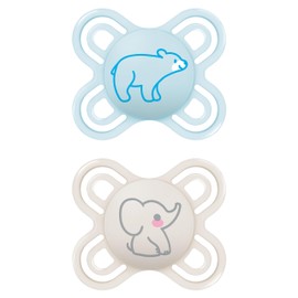 MAM Perfect Start Dummy, Set of 2, Specially for Newborns, Tooth-Friendly, Made from Sustainable & Bio-Renewable Materials, with Dummy Box, 0–2 Months, Bear/Elephant