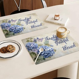 Taimeng Blue Hydrangea Butterfly Placemats Set of 6, Flowers Table Mats Washable Place Mats for Farmhouse Home Party Kitchen Dining Indoor Outdoor Restaurants 12x18 Inch