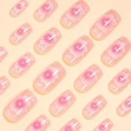 24 Pcs Pink Press on Nails Short Square Nail Tips WLGDLH Fall Fake Nails Press ons Acrylic Nail Kit Full Cover Reusable False Nails Ice Hawaiian Flower Glue on Nails Nude Glossy Nail Art for Ma'am