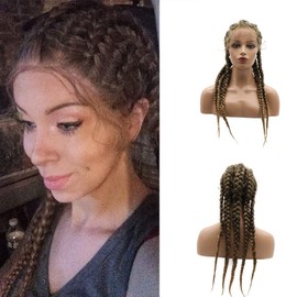 Angle Lucky Brown 5 Twist Braid Lace Front Wig Long Synthetic Brown mix Black Braided Wig with Baby Hair Heat Resistant Fiber 5 Braids Daily Wigs for Women 24 Inch