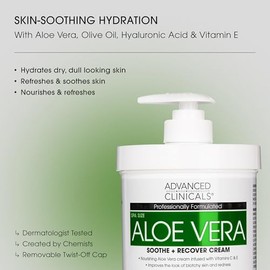 16oz Advanced Clinicals Aloe Vera Cream. Aloe Vera with Vitamin C, Hyaluronic Acid and Vitamin E cream for dry, rough skin, and redness. Large spa siz