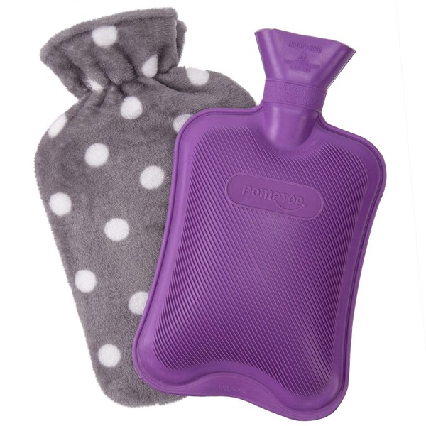 HomeTop Premium Classic Rubber Hot or Cold Water Bottle with Soft Fleece Cover (2 Liters, Purple / Gray Polka Dot)