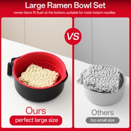 Ramen Bowl Set, Large 40 oz Microwaveable Noodle Cooker with Lid and Strainer for Ramen, Pho, Soup, Pasta, with Stainless Steel Chopsticks, Spoon, Fork and Brush, for Office, College, Dorm, Gift (Red)