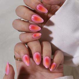 Almond Press on Nails Square Pink Fake Nails Glue on Nails with Pink and Purple Aurora Multicolor Full Cover Designs Artificial French Acrylic Art Nail for Women and Girls Manicure 24 Pcs