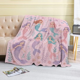 coedoaes Cute Mermaid Fleece Blanket,50x60in,Kawaii Mermaid Seashell Fish Sea Plant Pink Throw Blankets,Soft Cozy Lightweight, Ideal for Bed Living Room Home Ocean Lovers Decor,Kids Gifts