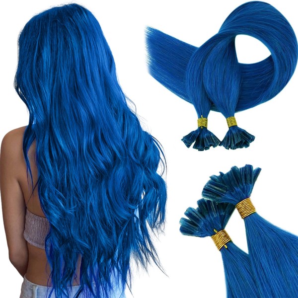 RUNATURE Bonding Real Hair Extensions Blue 45 cm Keratin Hair Extensions Real Hair Blue U-Tip Extensions Remy Blue Real Hair Extensions 25 g 18 Inches #Blue