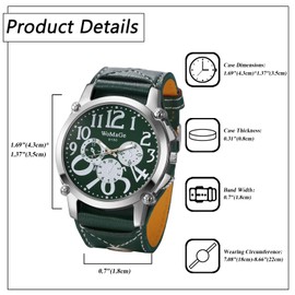 JewelryWe Men's Steampunk Leather Watch: Easy to Read Large Big Dial Green Wide Strap Analog Quartz Three-Eye Decorative Biker Cuff Wrist Watch