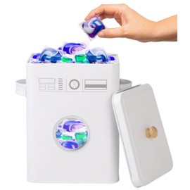 Skywin Metal Laundry Pod Container with Lift-Up Lid Wooden Handle for Laundry Room Organization, Dishwasher Pods Container (White)