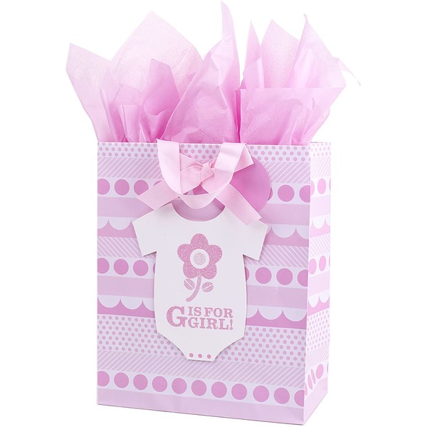 Hallmark 13" Large Baby Girl Gift Bag with Tissue Paper for Baby Showers, New Moms and More (G is for Girl, Pink)