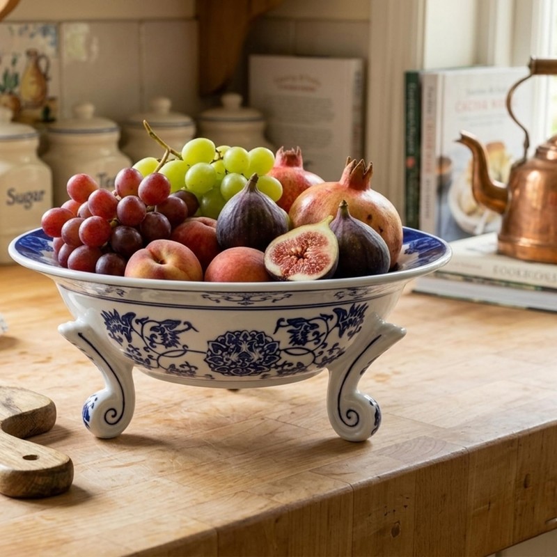 XINGYAN 10in Blue and White Ceramic Fruit Bowl,Chinoiserie Decorative Bowl,Three-Legged