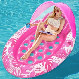 SLOOSH Pool Floats with Canopy - XL Oval Pool Raft Inflatable Float for Adults with Adjustable Sun Shade Cover, Swimming Pool Tanning Float Lounge Floating Mat Cup Holders, Removable Backrest (Pink)