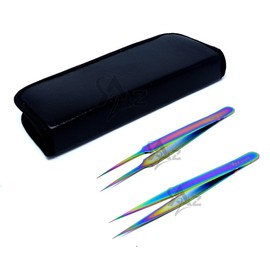 SET OF 2 Stainless Steel Multi Titanium Rainbow Color Jeweler Style Tweezers #5 + #3 (A2Z)