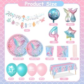Komicea Mermaid Party Tableware Set, 4 Years Mermaid Birthday Decoration, 4 Years Birthday Party Tableware, Paper Plates, Children's Birthday Decoration with Balloons for Birthday Decoration, Girls 16