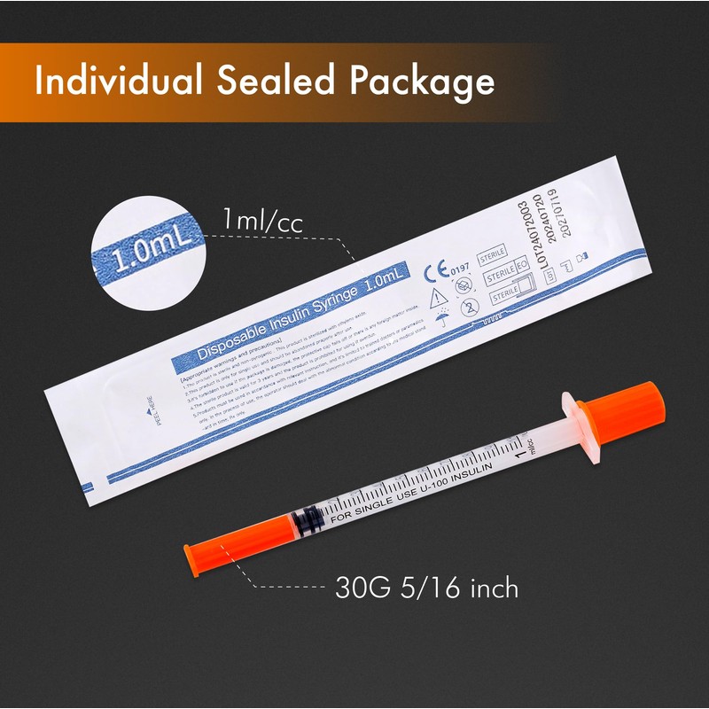 1ml/cc 30G 8mm Syringes, Lab Dispensing Syringe, Individual Wrapped, Box