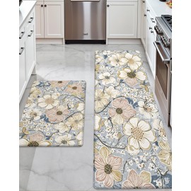 DEXI Kitchen Mats for Floor 2 Piece Set, 17x29+17x59, Cushioned Standing Mat Anti Fatigue, Waterproof Comfort Floral Padded for Laundry Room Office, Blue and Yellow