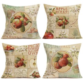 Doitely Set of 4 Apples Harvest Throw Pillow Covers Decorative Pillow Cases Fruit Garden Orchard Autumn Square Cotton Linen Pillowcase Vintage Flower Decor Cushion Cover 18x18 Inch