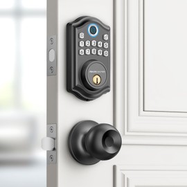 AkaGear Keyless Entry Door Lock, Fingerprint, Exterior Door Knob Handle, 2 Keys, Electronic Keypad, One-time Code, Smart Locks for Front Door, Bedroom, Auto-Lock, Easy Installation - Matte Black