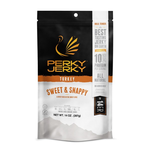 Perky Jerky Sweet and Snappy Turkey Jerky, 14oz - Low Sodium - 10g Protein per Serving - Low Fat - 100% U.S. Sourced - Tender Texture and Bold Flavor
