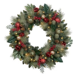 30-inch Pre-Lit Decorated Christmas Wreath with 50 LED Lights Battery Operated (Red)