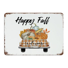 Happy Fall Funny Novelty Metal Signs Outdoor Country House Signs Christian Maple Leaves Pumpkin Man Cave Decor Metal Plaque for Coffee Bar Gate Indoor 10x14 Inch