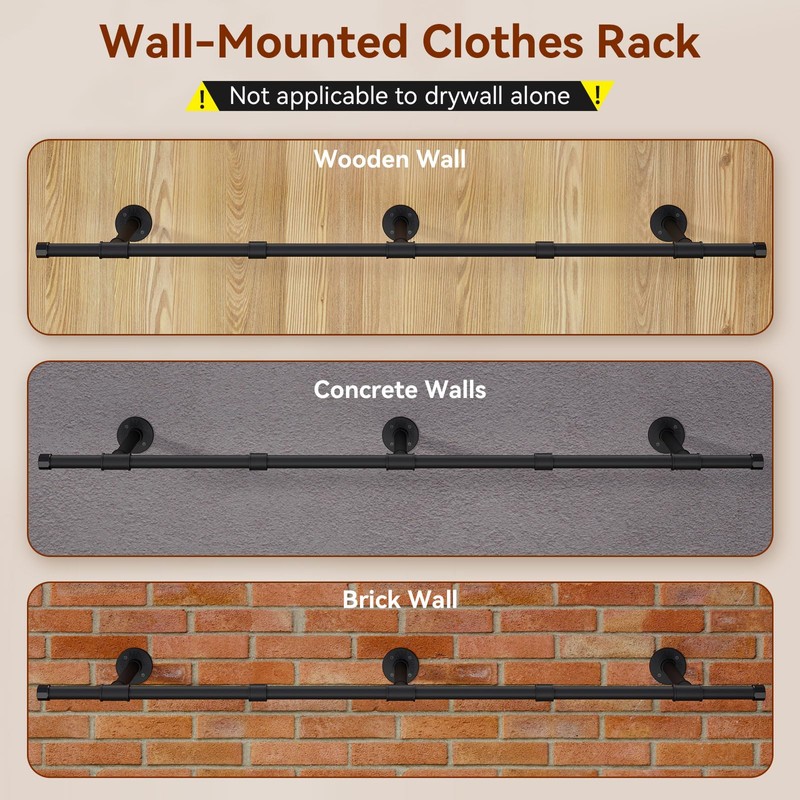 IBUYKE Industrial Pipe Clothes Rack, 61.4 Inch Wall Mounted Clothing