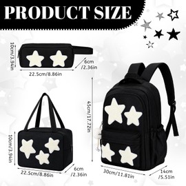 SilTriangle 3 Pcs Y2K Star Backpack Set with Lunch Bag Pencil Case, Back to School Kawaii Bookbag with Cute Plush Accessories Preppy Grunge Trendy Backpack College Casual Day Pack for Women Black