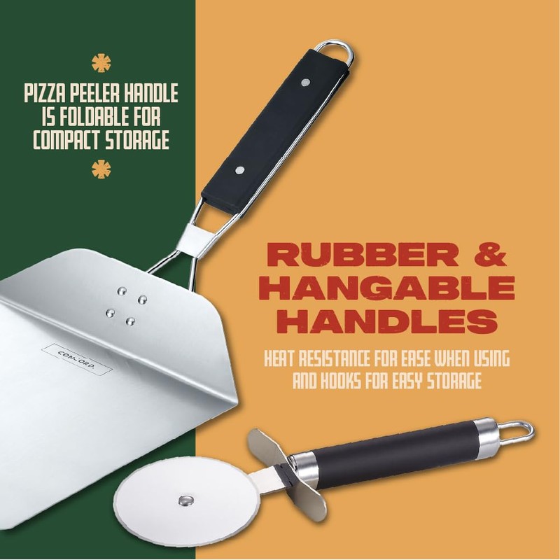 Concord 3 Piece Pizza Stone, Pizza Peel, Pizza Cutter, with