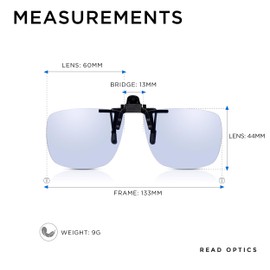 Read Optics Unisex Spring-Bridge Clip-On Sunglasses, Polarised Flip-Up UV Protection, Square Smoke Grey UV400 Lenses In Strong Rimless Polycarbonate
