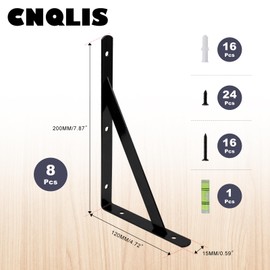 CNQLIS 8Pcs Heavy Duty Shelf Brackets, 8 in X 5 in Wall Mount L Steel Bracket for Floating Shelf, Black