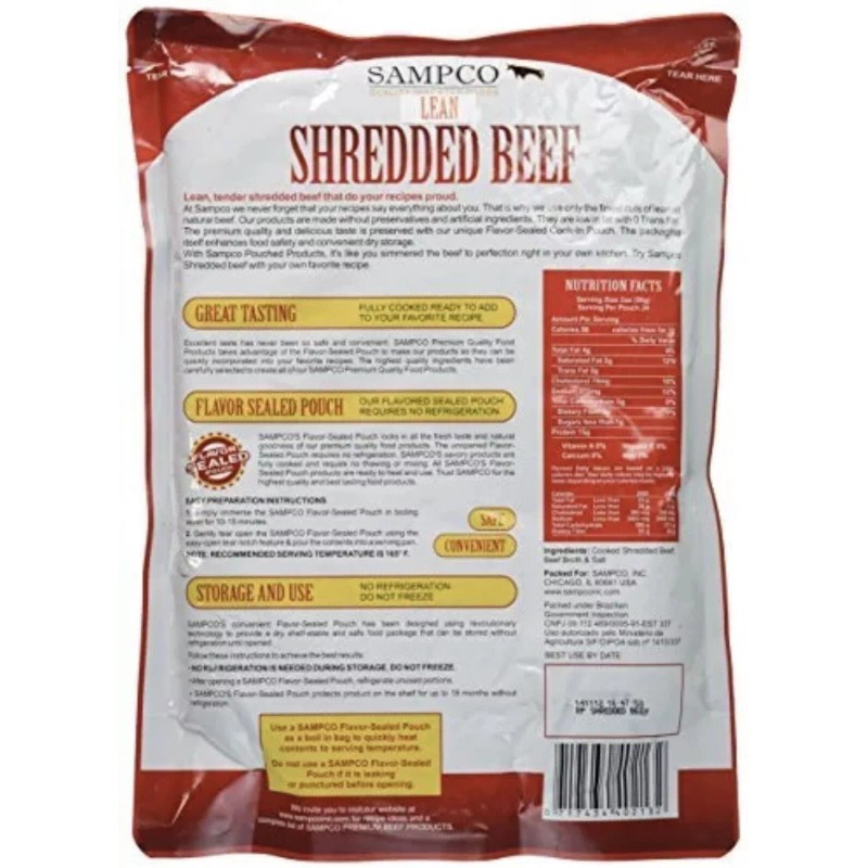 SAMPCO Lean Shredded Beef W/Broth 3lb Pouch Fully Cooked All